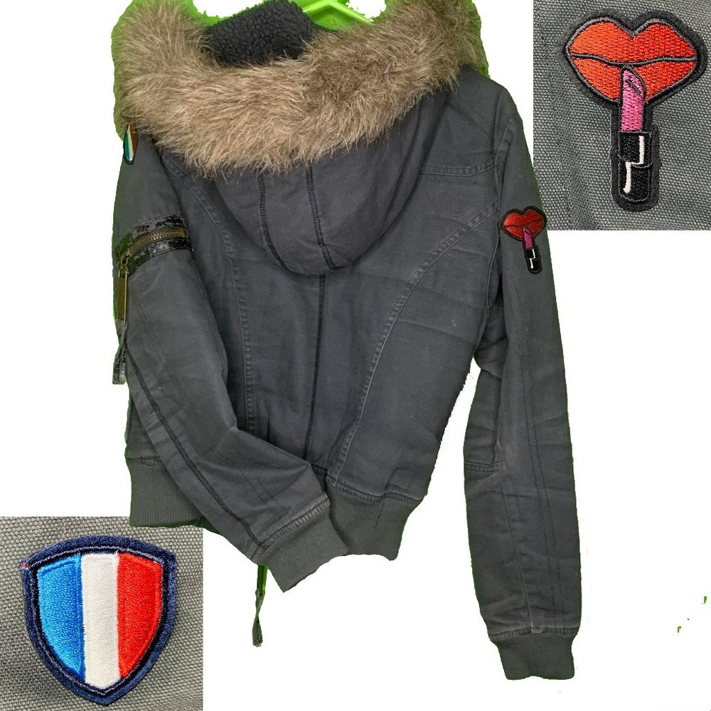 Aviator Style Denim Jean Jacket by Freestyle. Patches. Faux Fur. XXS US 0